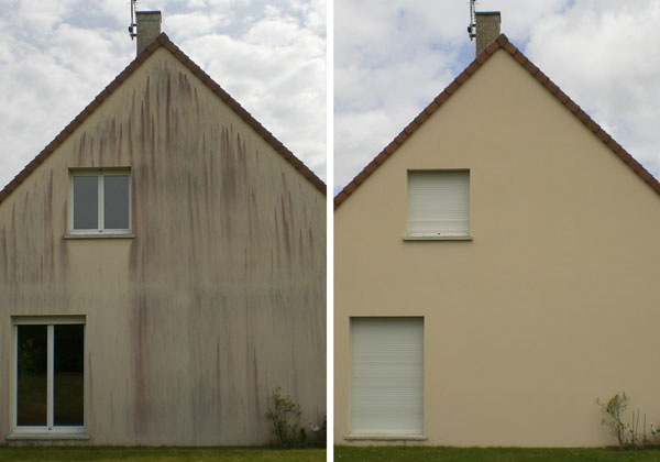 Mur Enduit Traiter Avant / Après Traitement des algues d'une façade de maison