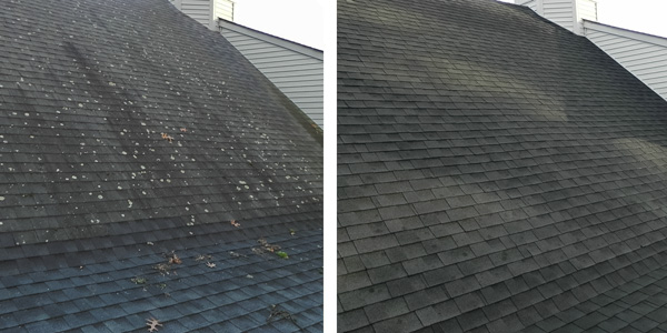 Deux photos d'une toiture en ardoise : avant et après nettoyage